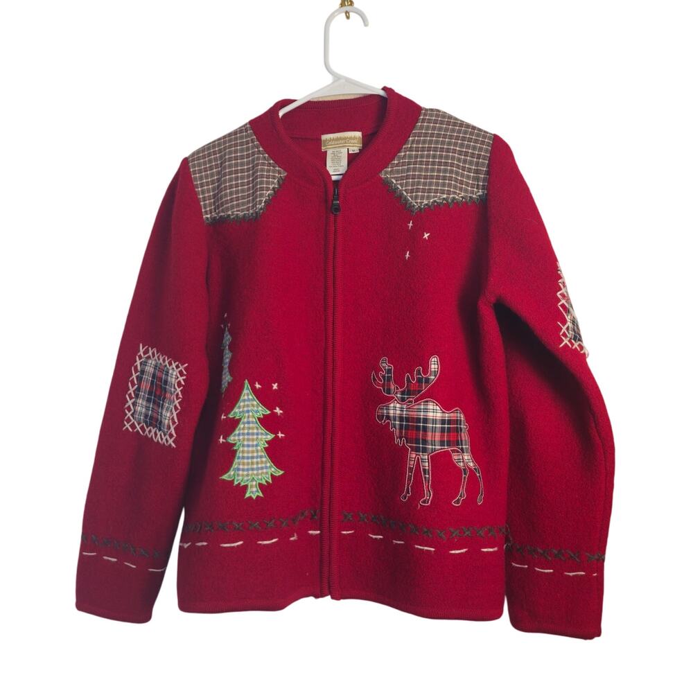 Coldwater Creek  100% Wool Full zip Jacket Red- Tree Deers patch work Suze M